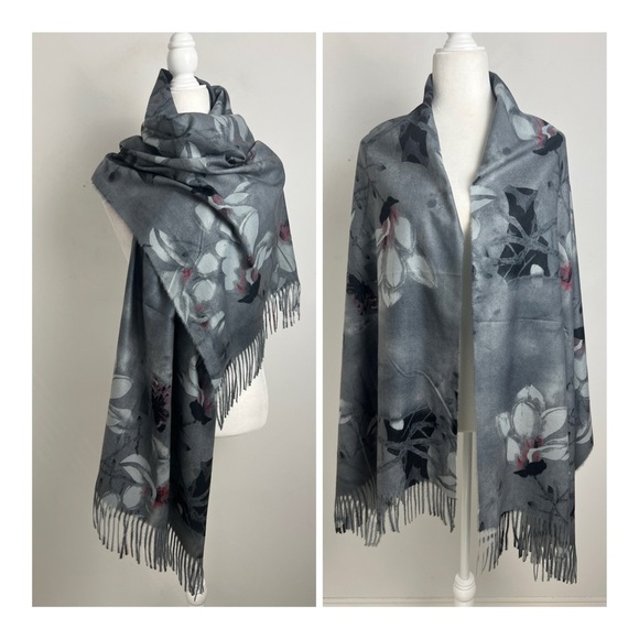 Unbranded Accessories - 100% Cashmere Gray Pink Floral Butterfly Soft Warm Versatile Scarf Wrap 26 X 72